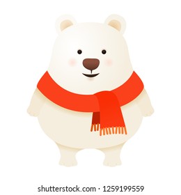 Polar bear cute winter Christmas cartoon character, isolated vector illustration