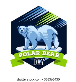 Polar Bear Day emblem. A white Ursus maritimus on the block of ice with aurora in the background.