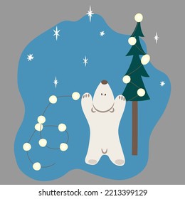 Polar bear decorates the garlands Christmas tree. festive clip art with stars sky for Christmas or new year card