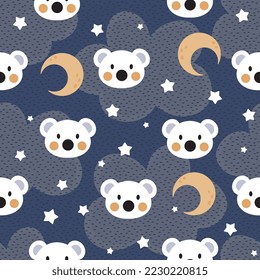 Polar bear deep blue sky seamless pattern background, kids cute woodland animals with boho clouds and stars fabric and textile print design.