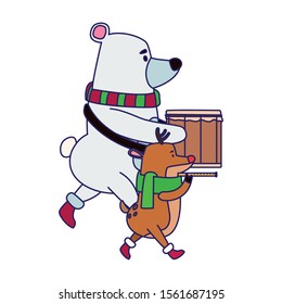 polar bear and deer playing musical instruments over white background, vector illustration