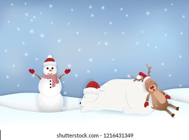 Polar bear with deer sleeping, Snowman in winter greeting card paper art, paper craft illustration