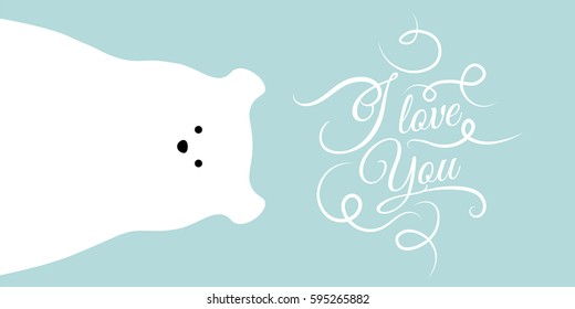 Polar bear design background. Vector flat cute template, simple minimal illustration and I Love You text