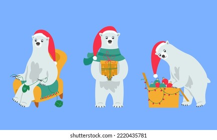 Polar bear in different poses. Cute Christmas character.