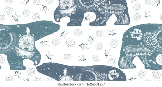 Polar bear double exposure. Seamless pattern. Packing old paper, scrapbooking style. Vintage background. Medieval manuscript, engraving art. Symbol of Arctic, Antarctica, tourism, adventure 