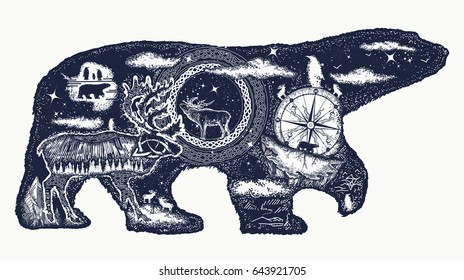Polar bear double exposure tattoo art and t-shirt design. Symbol of Arctic, Antarctica, tourism, adventure, northern animals. Polar bear tattoo 