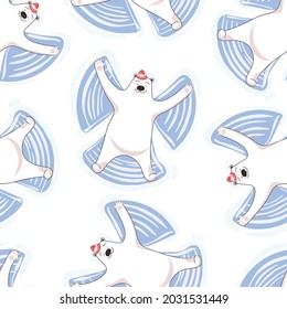 A polar bear draws a snow angel on the snow. Children's print with a cute bear. Winter seamless pattern.