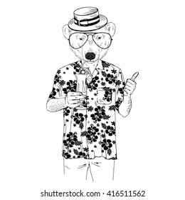 polar bear dressed up in aloha shirt with cocktail, furry art illustration, fashion animals, hipster animals, summer illustration