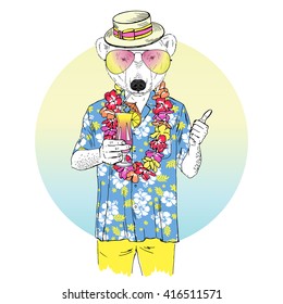 polar bear dressed up in aloha shirt with cocktail, furry art illustration, fashion animals, hipster animals, summer illustration