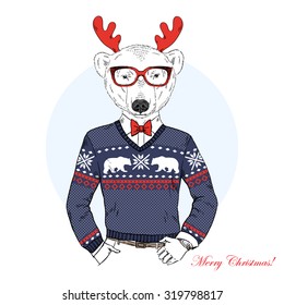 polar bear dressed up in jacquard pullover, hand drawn graphic, Merry Christmas and Happy New Year design
