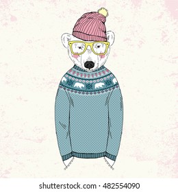 polar bear dressed up in jacquard pullover, anthropomorphic illustration, fashion animals