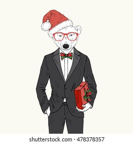 polar bear dressed up in tuxedo with present, anthropomorphic illustration, holidays character