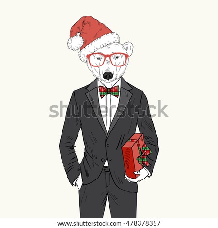 polar bear dressed up in tuxedo with present, anthropomorphic illustration, holidays character