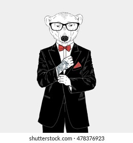 polar bear dressed up in tuxedo with tattoo, anthropomorphic illustration, fashion animals