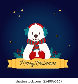 Polar bear in ear warmer, hat, scarf and winter gloves  on navy background with wreath and stars. Christmas, winter greeting card. Cute. Merry Christmas.
