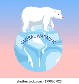 Polar bear escapes climate change and global warming on planet. Animals during global warming concept. Polar bear stands on planet Earth. Animal on Earth on bright background vector illustration