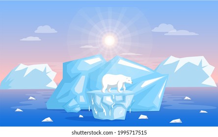 Polar bear escapes climate change and increase of temperature. Animals during global warming. Polar bear stands on iceberg. Animal on melting from global warming glacier on background of iceberg