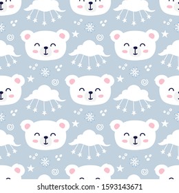 Polar bear face, cute animal, seamless pattern background. Nursery theme