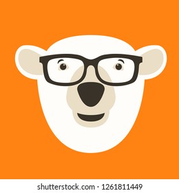 polar bear face  in glasses , vector illustration , flat style ,front view