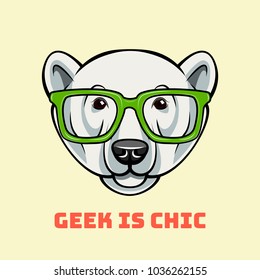 Polar Bear face in nerdy glasses. Geek is chic. Vector illustration isolated on white background