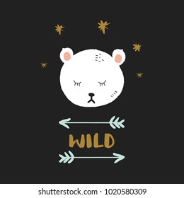 Polar bear face, night sky, drawn letters and arrows, wildlife label, boho style, baby poster. Decor elements, sticker, card for social networks and other, postcard. Vector, clip art. Isolated. 