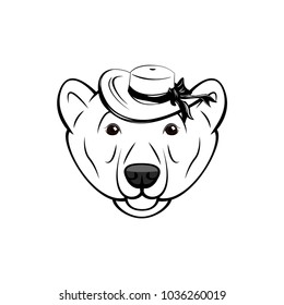 Polar bear face on white background. Vector illustration. Bear in wide-brimmed hat.