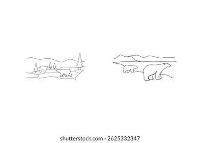 Família Urso Polar E Paisagem Ártica Em Estilo De Arte De Linha Minimalista
