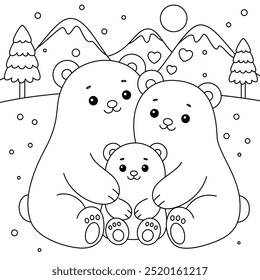 Polar bear family cartoon coloring page. Christmas and Winter Illustration 