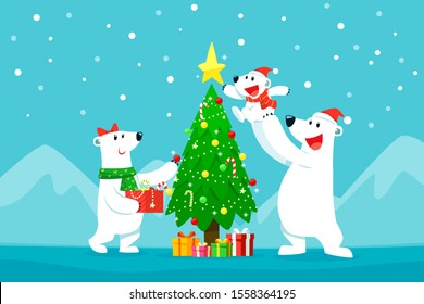 Polar bear family decorating christmas tree.Christmas cartoon illustration.