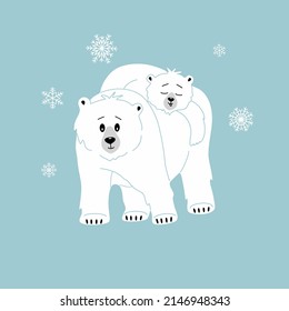 Polar bear family, mom and baby. Wild northern animals. Cute characters in cartoon style for kids. Hand drawn vector illustration isolated on blue background with snowflakes. Modern trendy flat style.