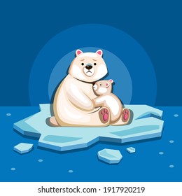 Polar bear family on ice shrink to arctic sea. stop global warming illustration concept in cartoon vector