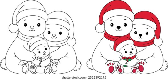 Família urso polar vestindo chapéu de Natal desenhos animados página de coloração. Ilustração de Natal e inverno 