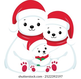 Polar bear family wearing Christmas hat cartoon clip art. Christmas and Winter Illustration 