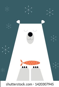 Polar Bear And Fish On A Blue Background