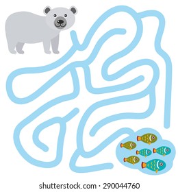 Oso polar y pez en el juego blanco del laberinto del fondo para los niños preescolares. Vector