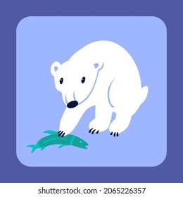 Polar bear with fish in its paw. Stylized drawing in flat style. Vector hand drawn illustration. 