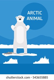 Polar bear with fish stood up on its hind legs. Vector drawing of a series of Arctic animals. Flat style illustration