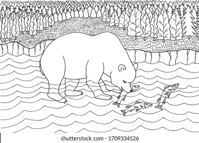 Polar bear is fishing. Coloring book. eps10 vector stock illustration. hand drawing. outline