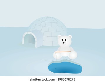 Polar bear fishing in front of igloo. vector