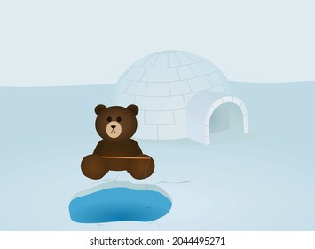 Polar bear fishing in front of igloo. vector