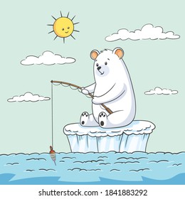 Polar bear at fishing. Hand drawn vector illustration with separate layers.