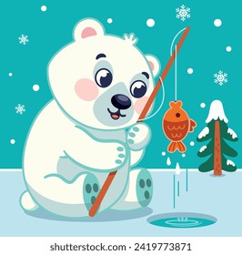 A Polar Bear is Fishing in the North Pole. Cartoon Vector Illustration.