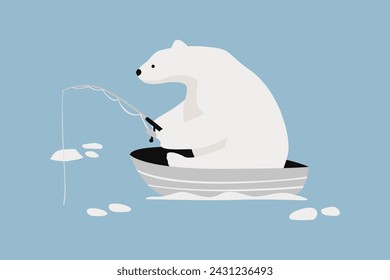 Polar Bear Fishing On A Boat Vector Illustration