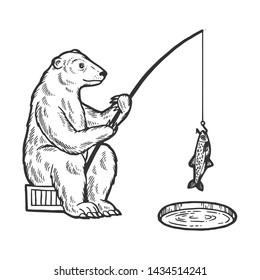 Polar Bear fishing with fishing rod in hole in ice sketch engraving vector illustration. Scratch board style imitation. Hand drawn image.