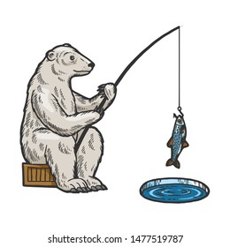 Polar Bear fishing with fishing rod in hole in ice color sketch engraving vector illustration. Scratch board style imitation. Hand drawn image.