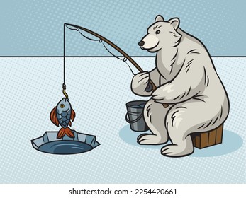 Polar Bear fishing with fishing rod in hole in ice color pinup pop art retro vector illustration. Comic book style imitation.