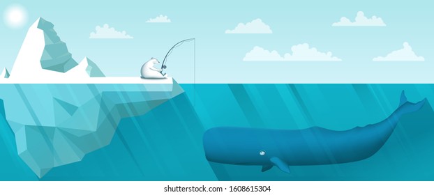 A polar bear is fishing while sitting on an iceberg in the middle of the ocean. The sperm whale swims in the water and looks at the fishing hook. Wildlife scene. Arctic landscape. Panorama of nature.