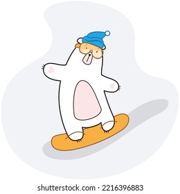 A polar bear flies down the mountain on a yellow snowboard in a blue hat with a pompom and yellow goggles in a cartoon style. Animal logo or banner. Baby winter holidays greeting card.