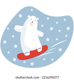 A polar bear flies from the mountain on a red snowboard against the background of falling snow in a flat style. Animal logo or banner. Baby winter holidays greeting card.