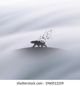 Polar bear and flying birds. Endangered animal. Death and afterlife